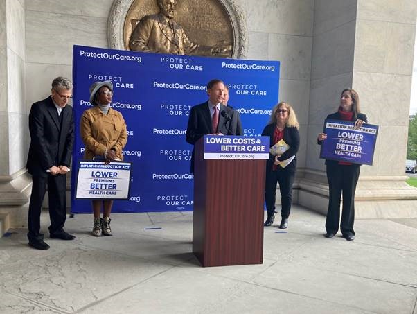 Blumenthal joined Protect Our Care during their bus tour in Hartford to highlight efforts to improve the quality of health care and to make it more affordable.